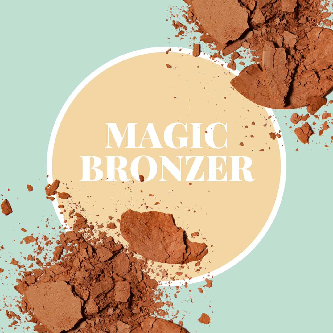 Zerbröseltes Bronzing-Puder auf mintfarbenem Hintergrund mit der Aufschrift &