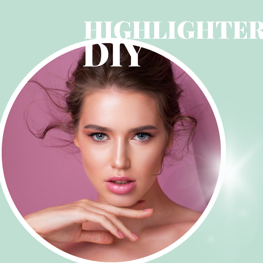Eine moderne Werbegrafik für DIY-Highlighter, mit einer Frau in einem eleganten Make-up-Look, rosa Hintergrund und einem betonten Glow auf der Haut.
