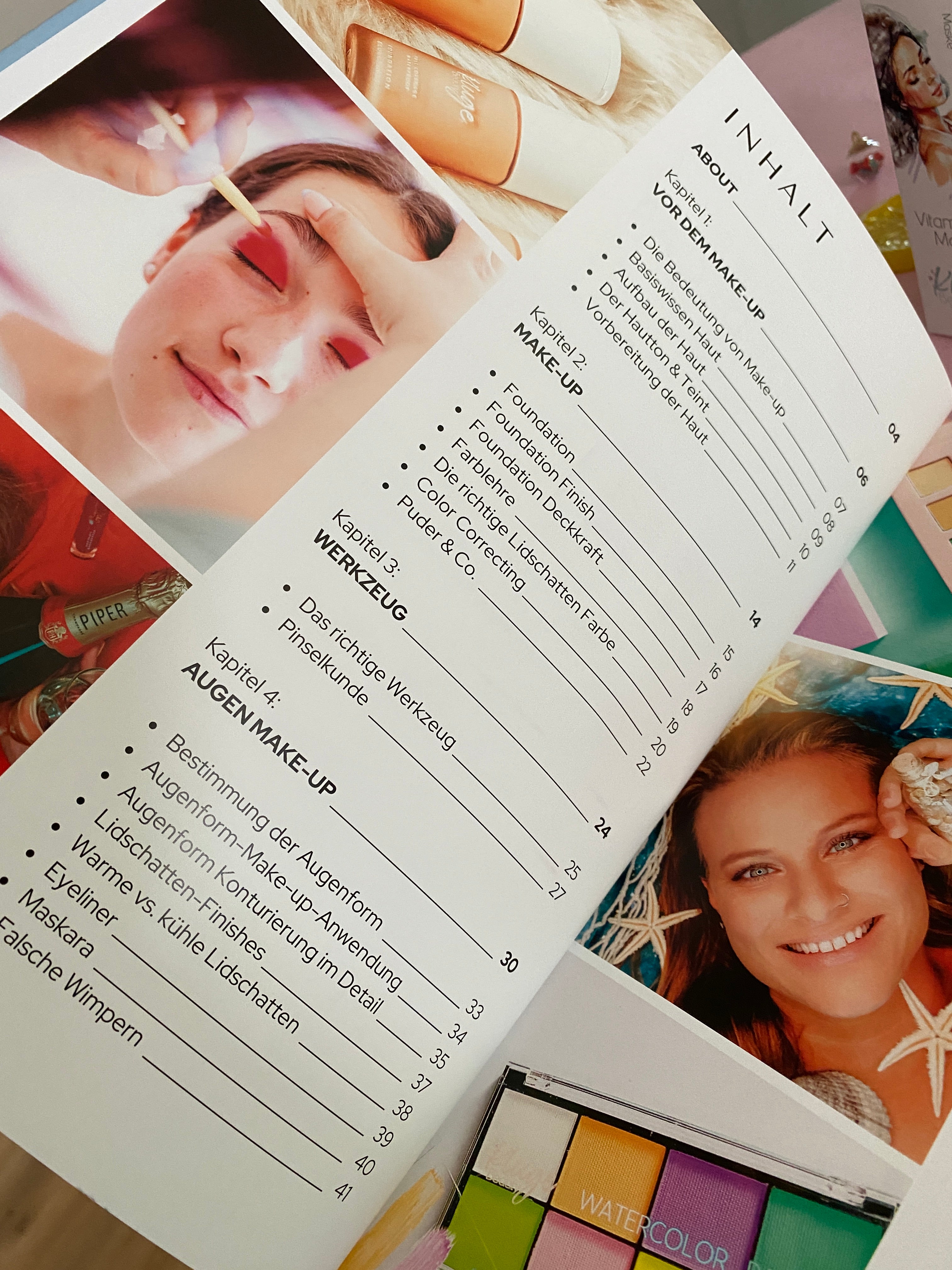 Kapitelübersicht eines professionellen Make-up-Handbuchs, das Themen wie Lippen-Make-up, Augenbrauen und Hochzeits-Make-up abdeckt.