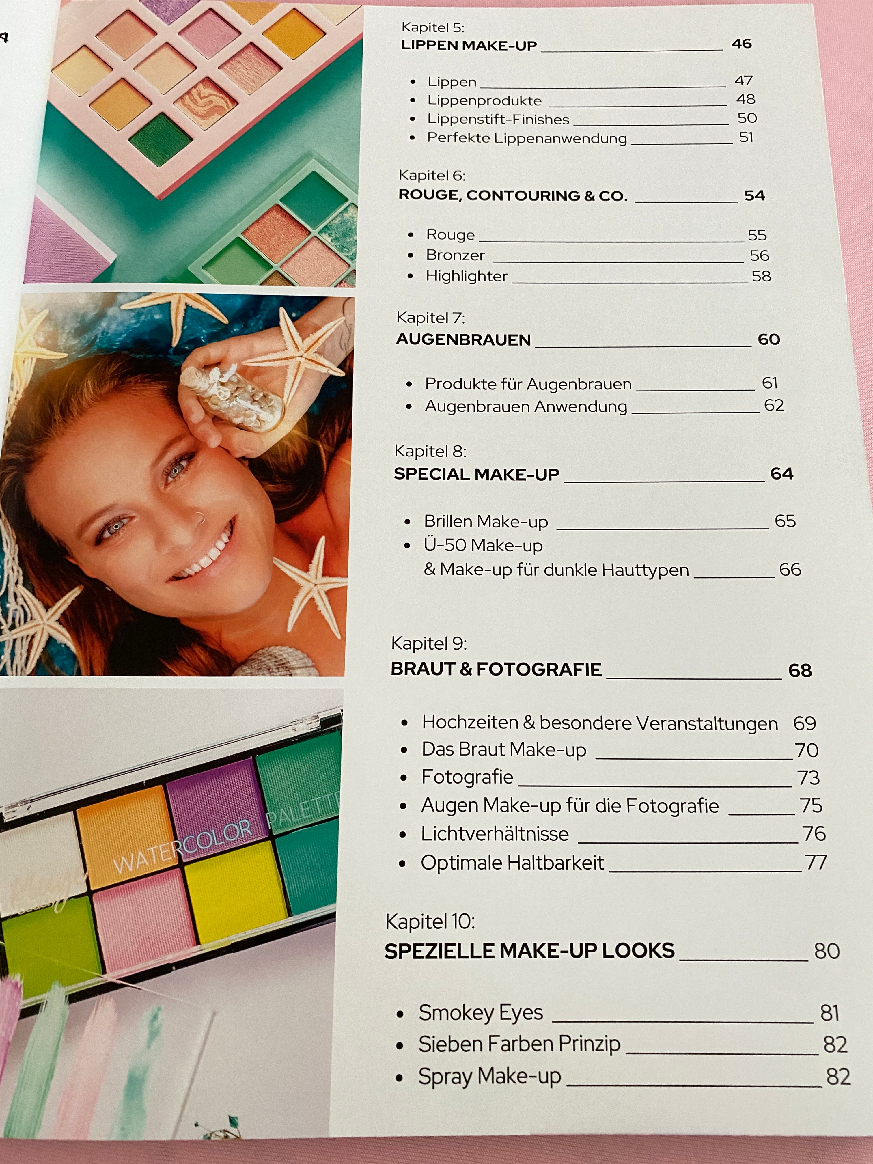 Inhaltsverzeichnis eines Make-up-Buchs mit detaillierten Kapiteln zu Make-up-Techniken und Produkten.