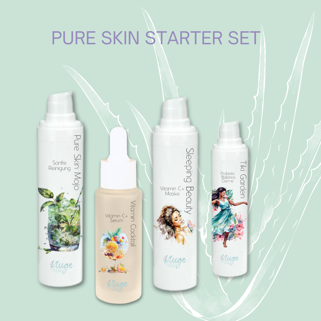 Das Pure Skin Starter Set, bestehend aus Reinigung, Vitamin C+ Serum, Maske, Probiotic Creme - alles auf Aloe Vera-Hintergrund dargestellt.