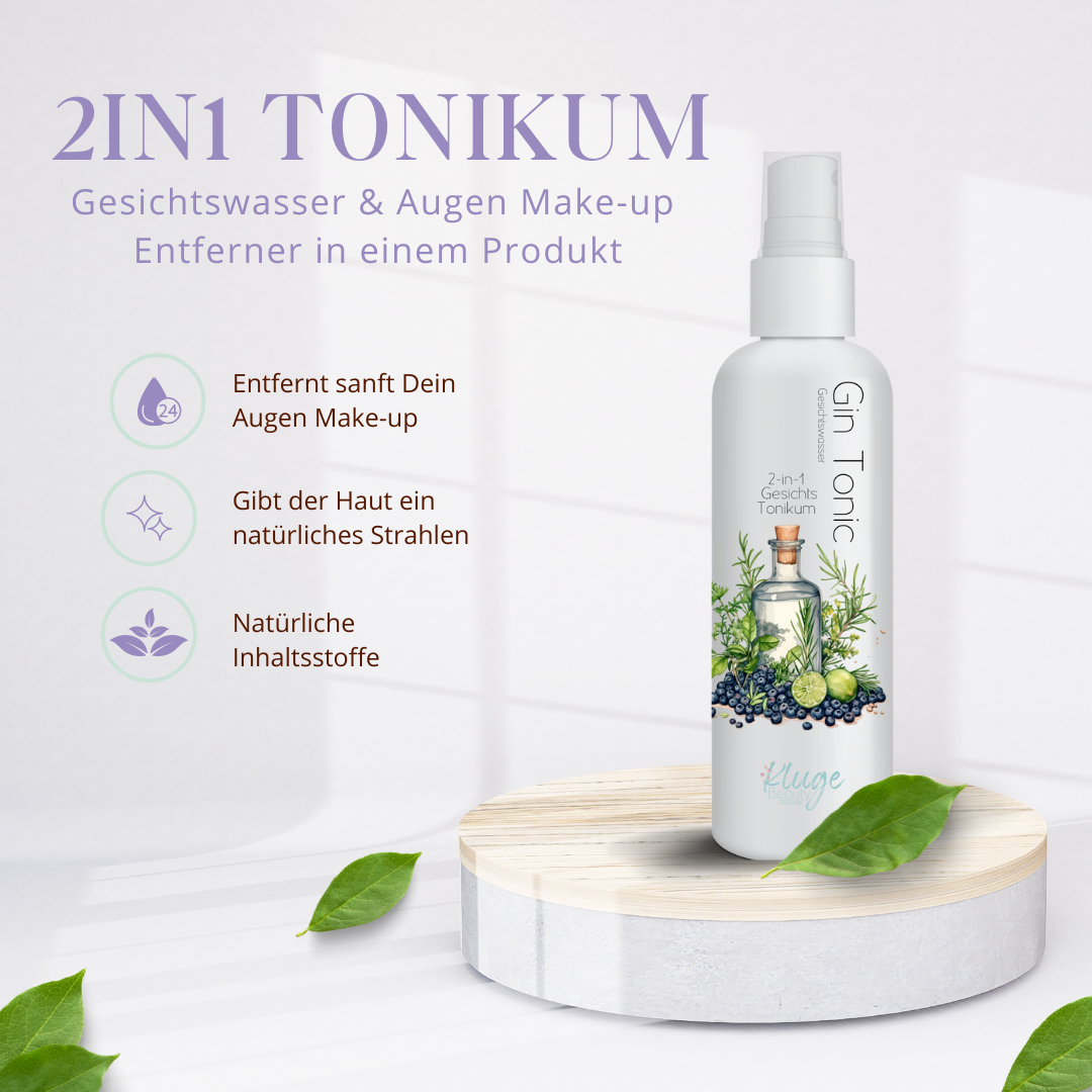 2IN1 Tonikum von Kluge Beauty – Gesichtswasser und Augen-Make-up-Entferner in einem Produkt. Entfernt sanft Make-up, gibt der Haut ein strahlendes Aussehen und enthält natürliche Inhaltsstoffe. Abgebildet ist die Produktflasche auf einem Holzpodest mit natürlichen Blättern im Hintergrund.